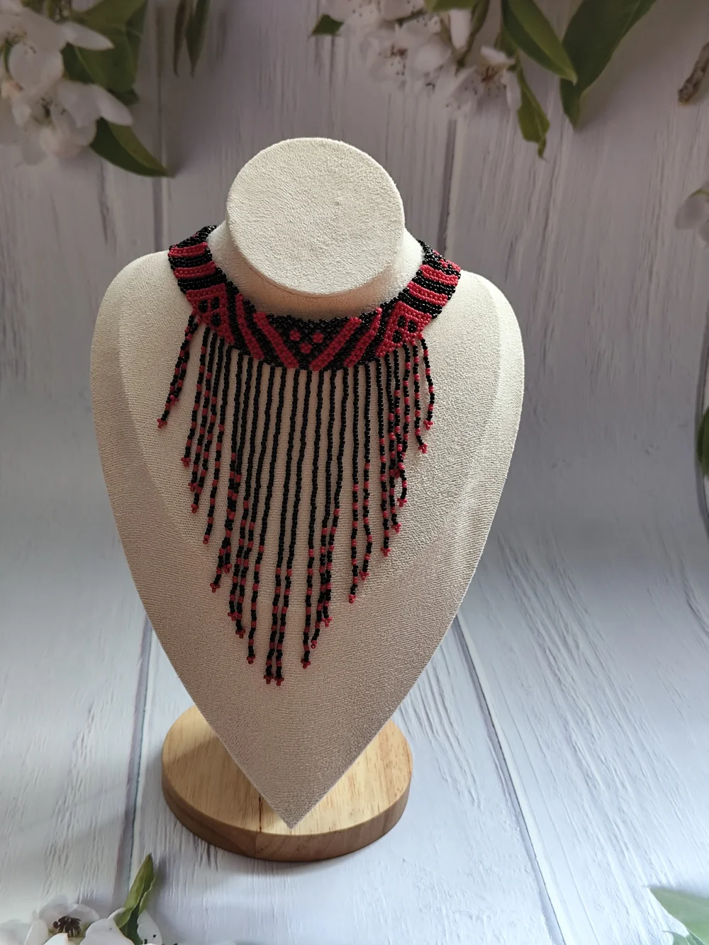 Red and Black Beaded Fringe Statement Necklace